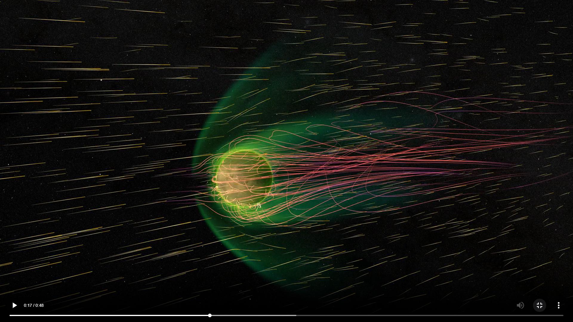 Der Mars während eines Sonnensturms: Die Simulation der NASA zeigt die Teilchenströme und das Magnetfeld.