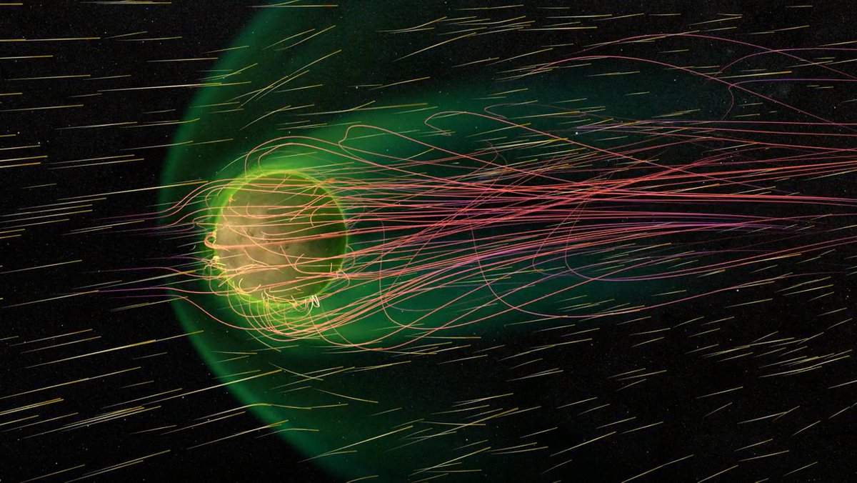 Der Mars während eines Sonnensturms: Die Simulation der NASA zeigt die Teilchenströme und das Magnetfeld.