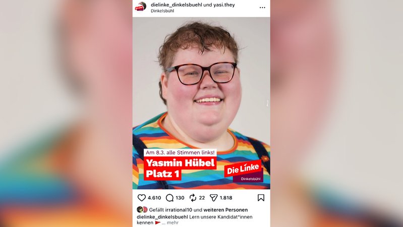 Instagram-Post von Yasmin Hübels Nominierung. | Bild: Instagram/dielinke_dinkelsbuehl Instagram-Post von Yasmin Hübels Nominierung.