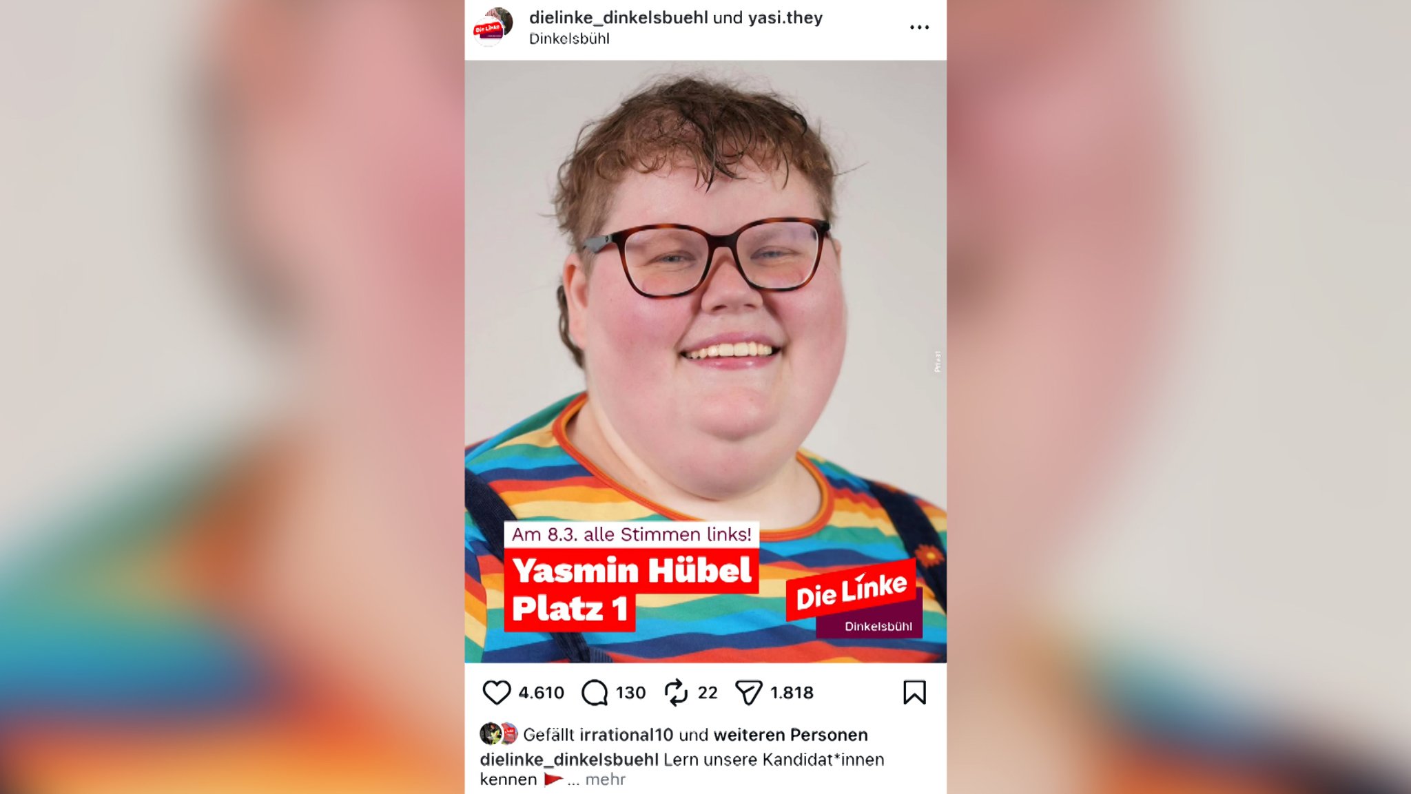 Instagram-Post von Yasmin Hübels Nominierung. | Bild: Instagram/dielinke_dinkelsbuehl Instagram-Post von Yasmin Hübels Nominierung.