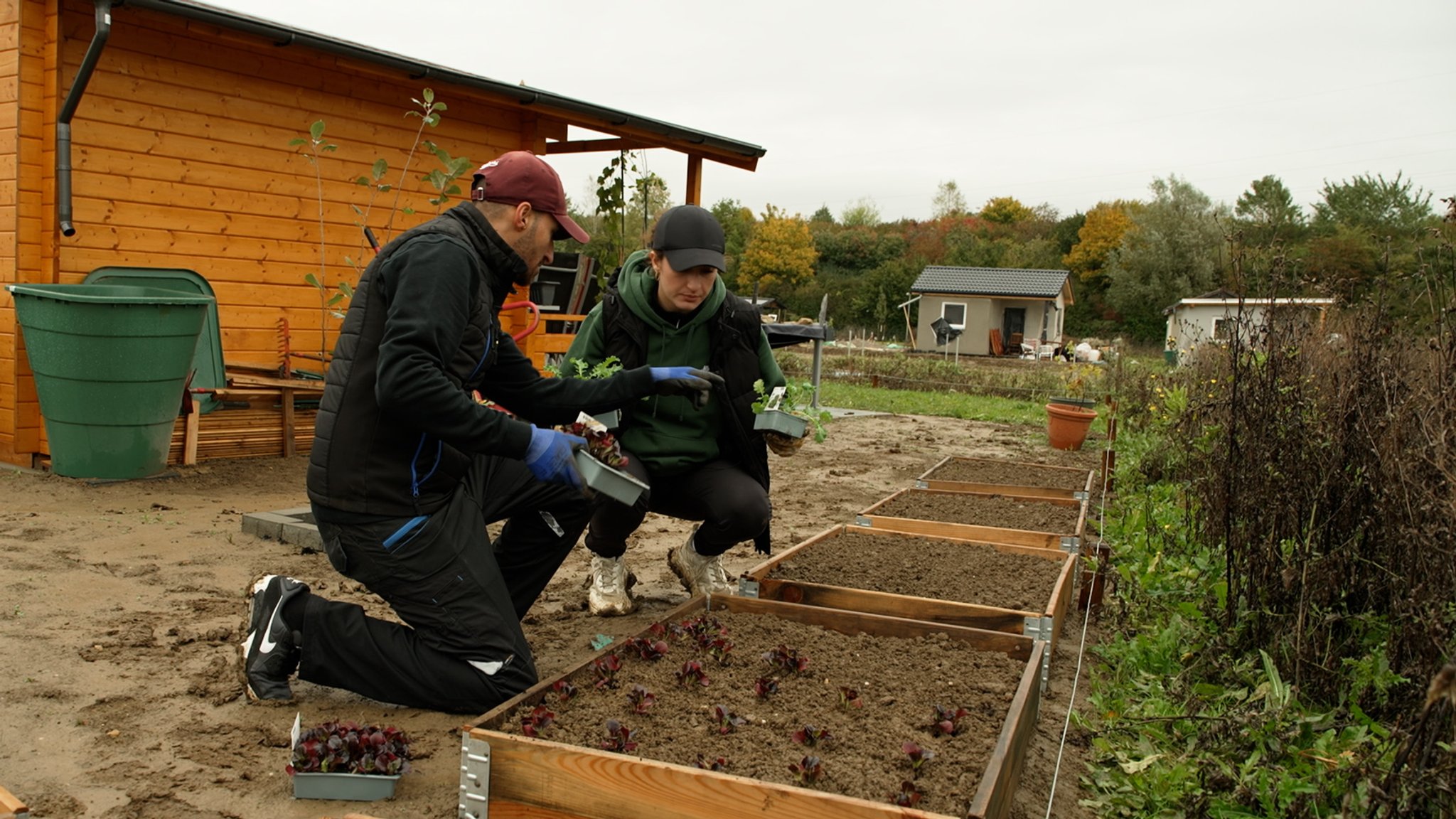 Gabriel und Gabriela stehen im Matsch und beugen sich über die kompakten Holzkästen, die ihnen als Gemüsebeete dienen. | Bild: BR/Marc Gensel Gabriel und Gabriela stehen im Matsch und beugen sich über die kompakten Holzkästen, die ihnen als Gemüsebeete dienen.
