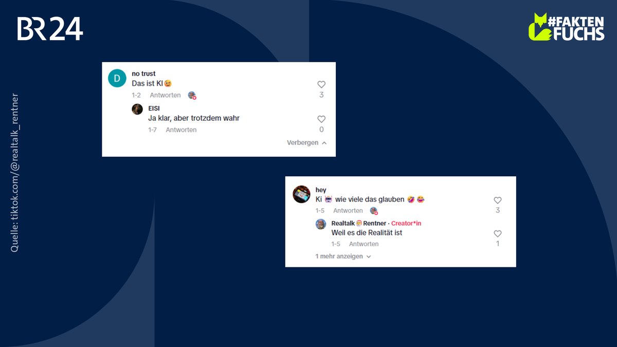 Kommentare zu KI-Videos auf TikTok: User halten auch erkannte KI-Fakes für "wahr".