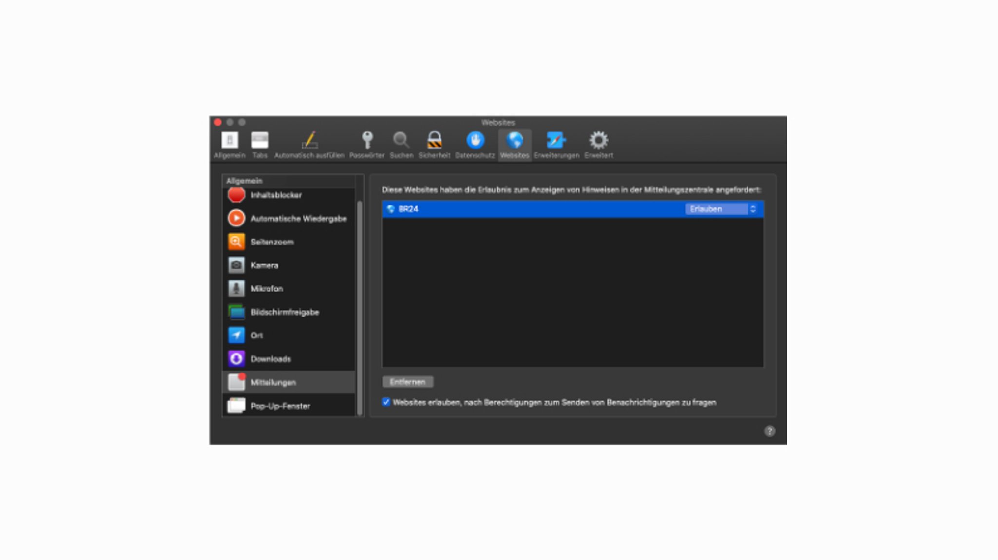 Unter "Websites" klicken Sie im Bereich Mitteilungen die BR24 an und bestätigen anschließend mit Entfernen