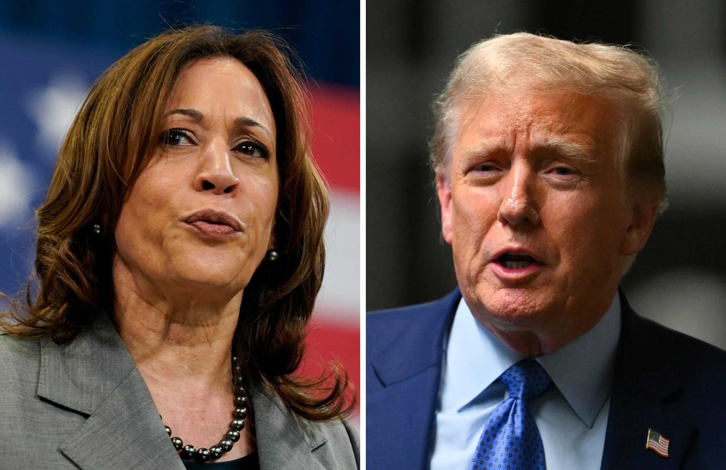 Kamala Harris, Vizepräsidentin der USA, hält eine Rede während einer Wahlkampfveranstaltung (Archivfoto vom 26.03.2024) und der ehemalige US-Präsident Donald Trump spricht bei seinem Schweigegeldprozesses zu den Medien (Archivfoto vom 09.05.2024)