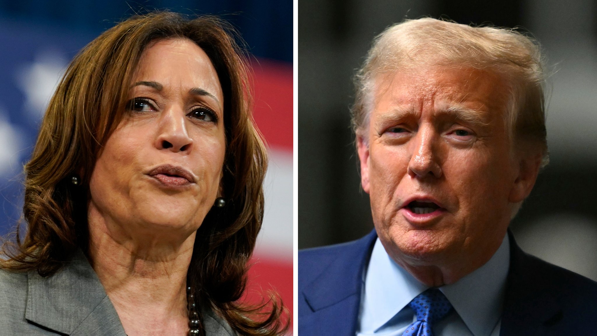 Kamala Harris, Vizepräsidentin der USA, hält eine Rede während einer Wahlkampfveranstaltung (Archivfoto vom 26.03.2024) und der ehemalige US-Präsident Donald Trump spricht bei seinem Schweigegeldprozesses zu den Medien (Archivfoto vom 09.05.2024)