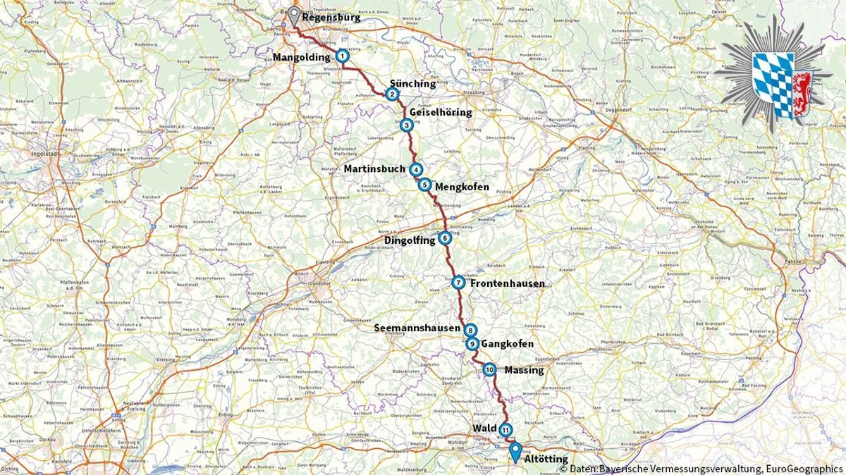 Der Weg der Fußwallfahrt von Regensburg nach Altötting.