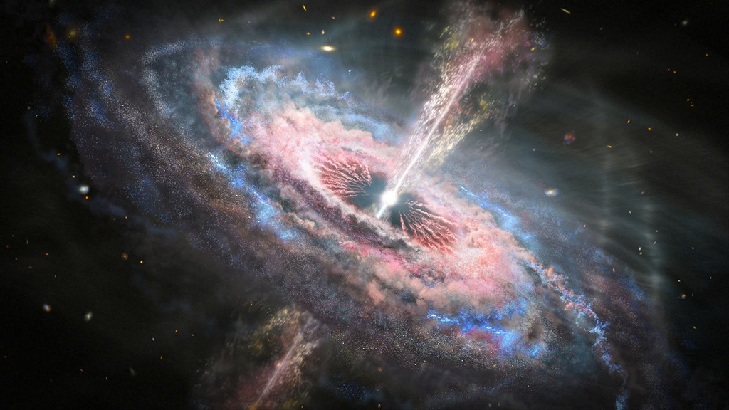 Illustration eines Quasars, in dessen Zentrum ein Schwarzes Loch liegt (Symbolbild)