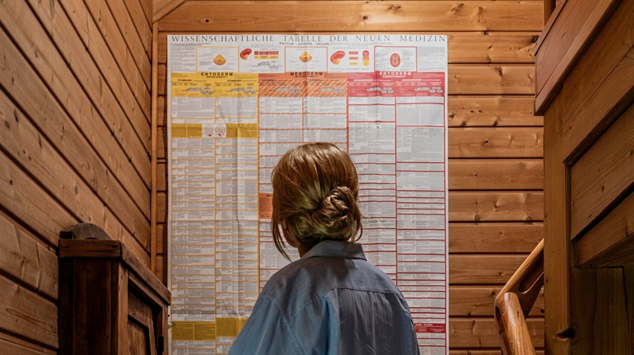 Eine Frau schaut auf ein Plakat der Neuen Germanischen Medizin.