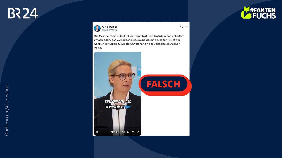Screenshot eines X-Posts von Alice Weidel (AfD), in dem sie behauptet: "Die Gasspeicher in Deutschland sind fast leer. Trotzdem hat sich Merz entschieden, das verbliebene Gas in die Ukraine zu leiten." Darauf der Stempel "falsch".