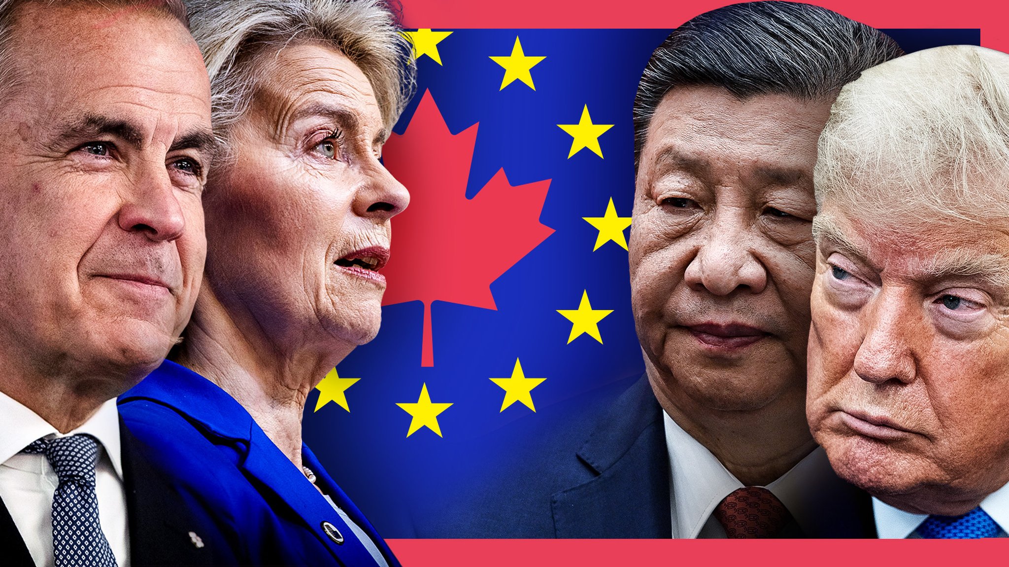 Mark Carney, Ursula von der Leyen auf der einen Seite; Xi Jinping, Donald Trump auf der anderen Seite; im Hintergrund das kanadische Ahornblatt umrahmt von den EU-Sternen | Bild: picture-alliance/dpa; Montage: BR/Nadja von Dall'Armi Mark Carney, Ursula von der Leyen auf der einen Seite; Xi Jinping, Donald Trump auf der anderen Seite; im Hintergrund das kanadische Ahornblatt umrahmt von den EU-Sternen