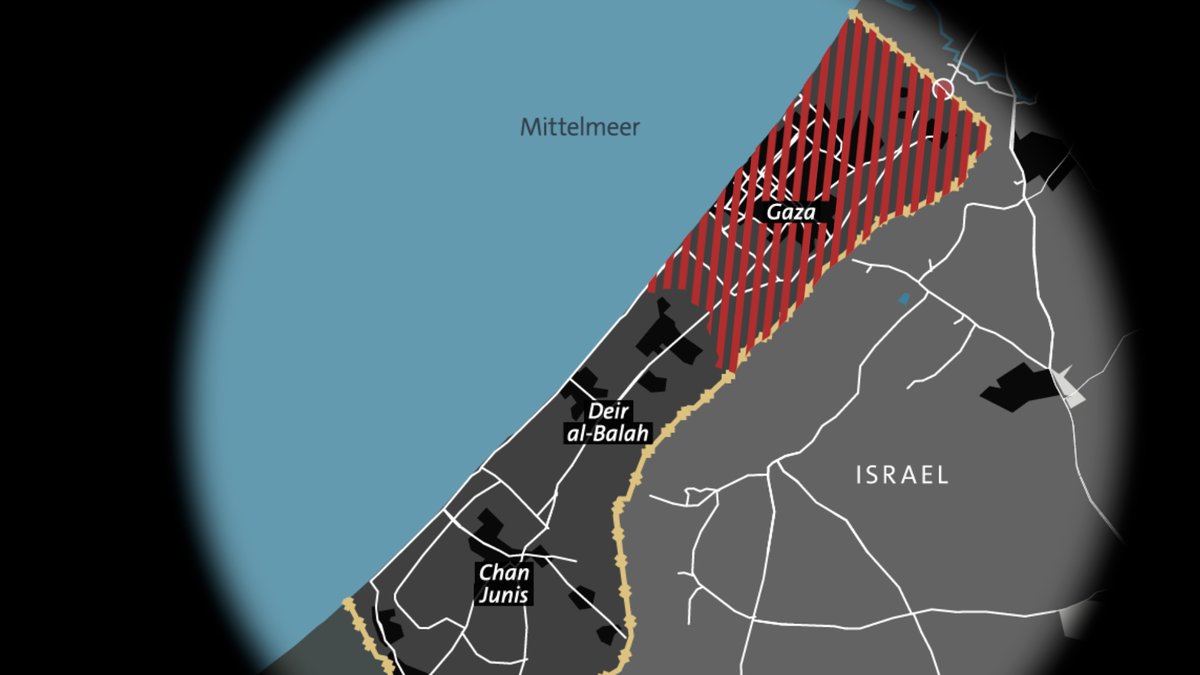 Nord-Gaza (rot): Dort greift das israelische Militär die Hamas an, Zivilisten sollen in den Süden fliehen, doch auch dort gibt es kaum Schutz.