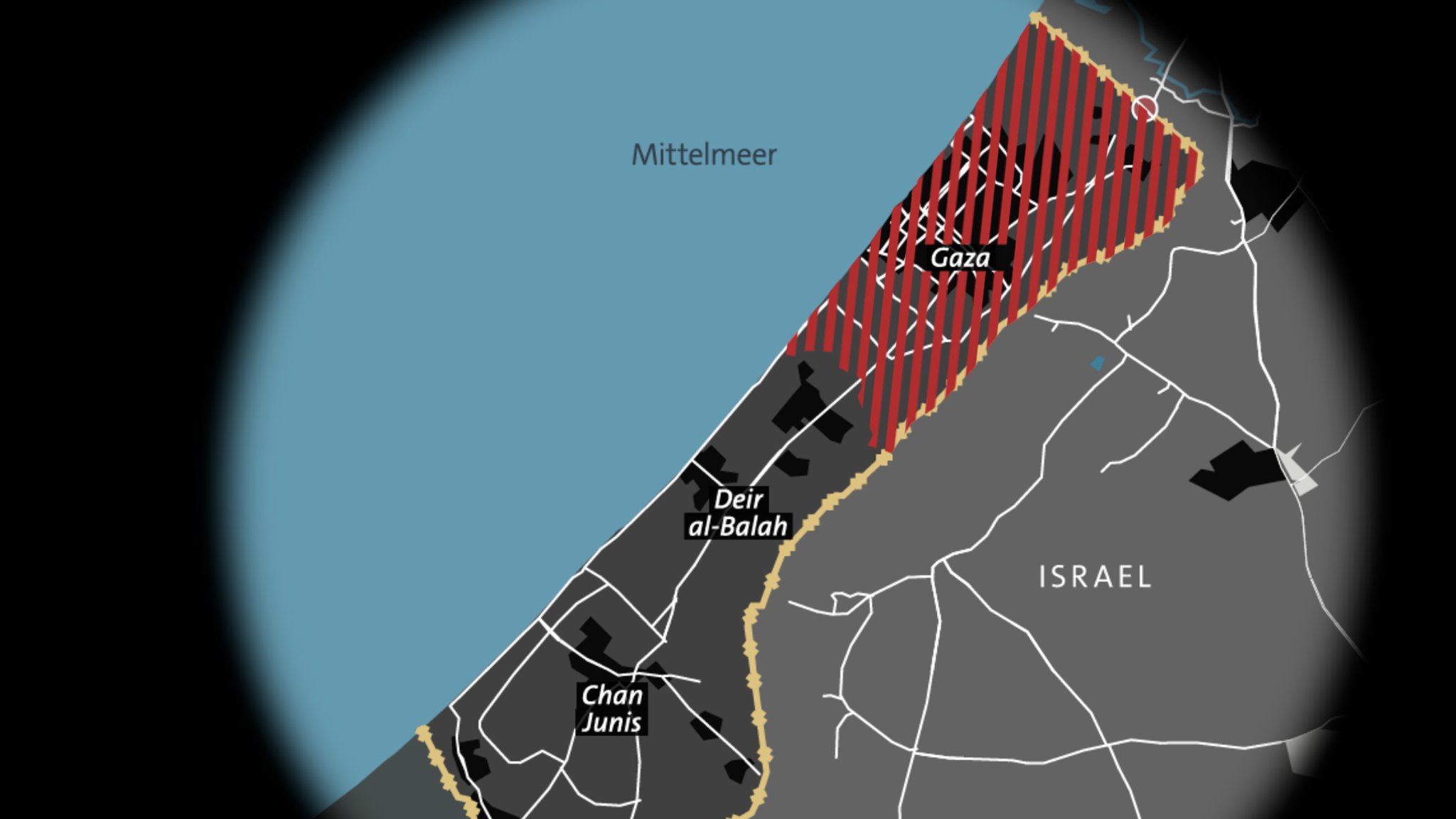 Nord-Gaza (rot): Dort greift das israelische Militär die Hamas an, Zivilisten sollen in den Süden fliehen.