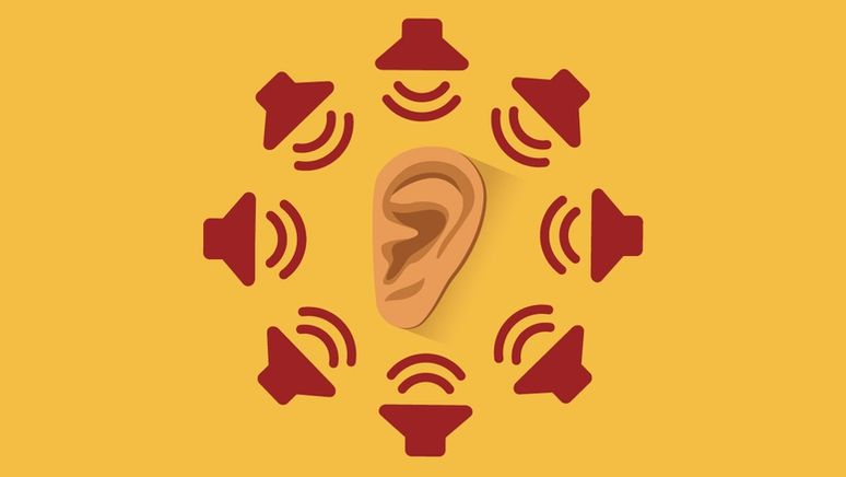 Illustration: Ein Ohr, das von acht Lautsprechersymbolen umkreist ist  | Bild:BR