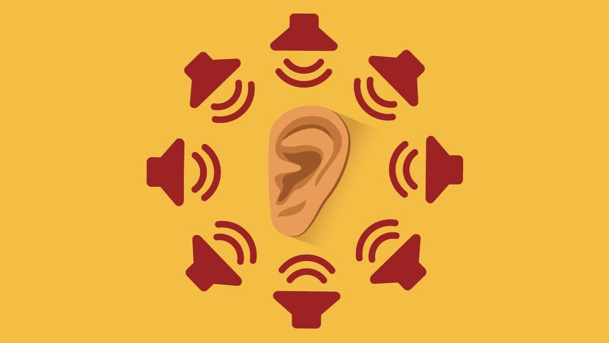 Illustration: Ein Ohr, das von acht Lautsprechersymbolen umkreist ist 