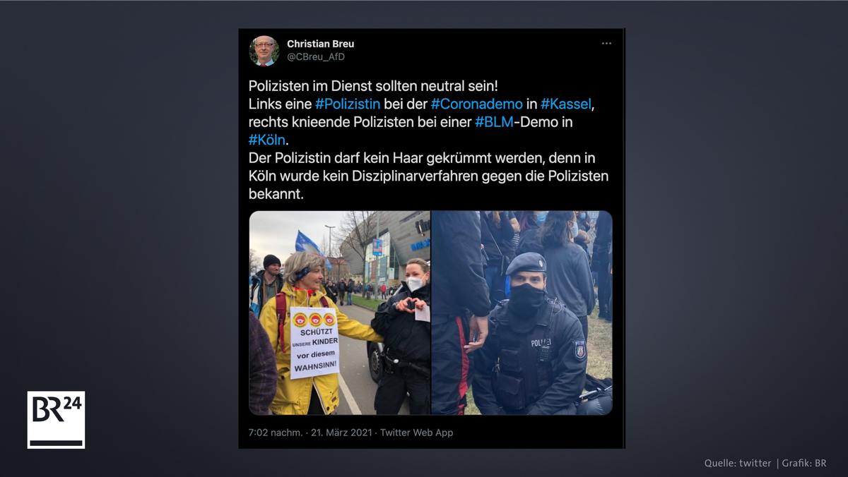 Ein AfD-Politiker vergleicht in seinem Tweet die Herzgeste der Polizistin Kassel mit dem Kniefall dreier Polizisten auf einer Demo in Köln.