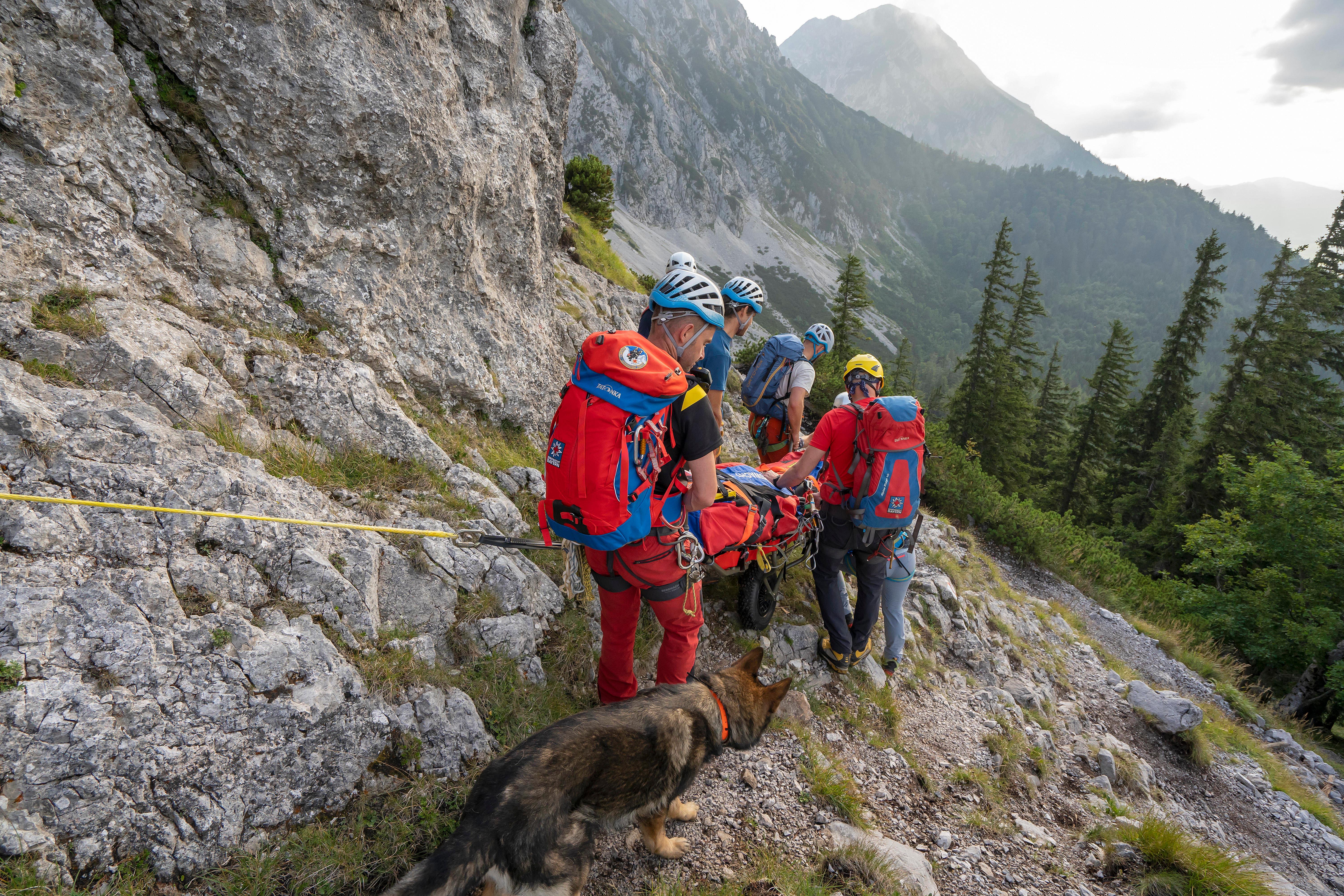 Bergwachtler transportieren einen Verletzten in der Trage über felsiges Gelände. In der Ferne sind Gipfel zu sehen. Das Bild stammt von einer Sommerübung am Hochstaufen.