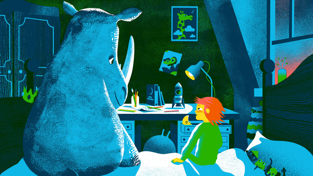 Ludwig, ein kleiner Junge mit roten Haaren, hat abendlichen Besuch von einem Nashorn. Die Schriftstellerin Noemi Schneider und das Illustratoren-Duo "Golden Cosmos" haben ein philosophisches Bilderbuch geschrieben und gestaltet.