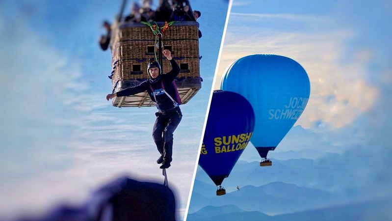 Der Slackline-Profi Friedi Kühne balanciert zwischen zwei Heißluftballons | Bild: BR, Jochen Schweizer; Bildmontage: BR Der Slackline-Profi Friedi Kühne balanciert zwischen zwei Heißluftballons