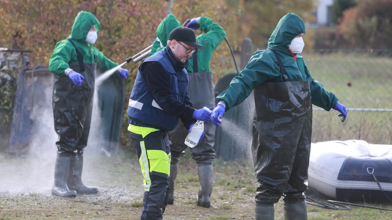 Einsatzkräfte der Feuerwehr werden nach der Suche nach infizierten oder verendeten Kranichen desinfiziert. | Bild: picture alliance/dpa | Matthias Bein Einsatzkräfte der Feuerwehr werden nach der Suche nach infizierten oder verendeten Kranichen desinfiziert.