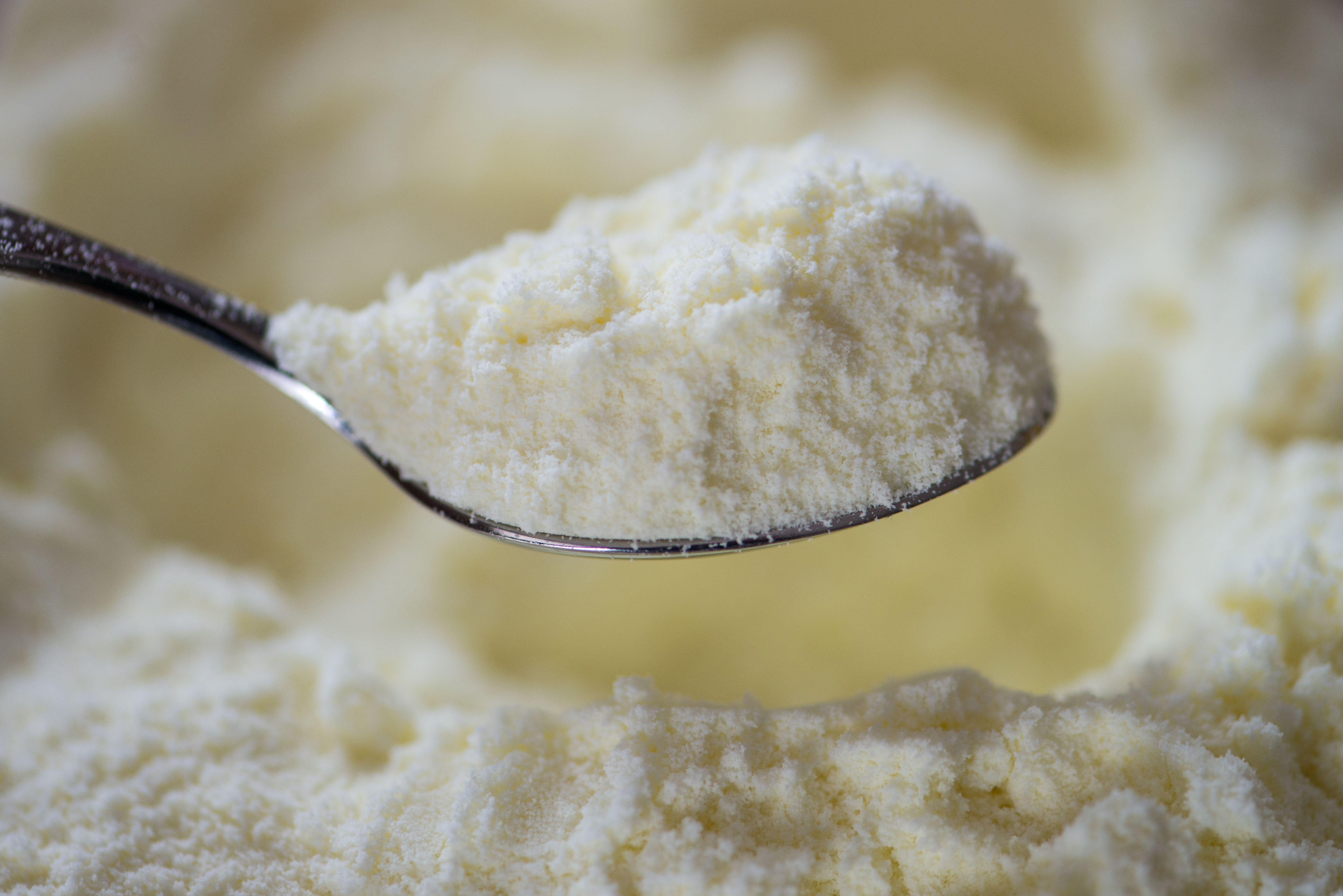 Milchpulver für Babys auf einem Löffel.