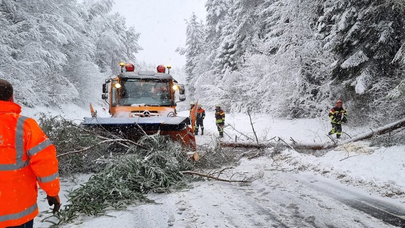 Ein Schneeräumer auf verschneiter Straße räumt einen zersägten Baum zur Seite, der auf die Fahrbahn gefallen ist. Links und rechts verschneiter Wald.