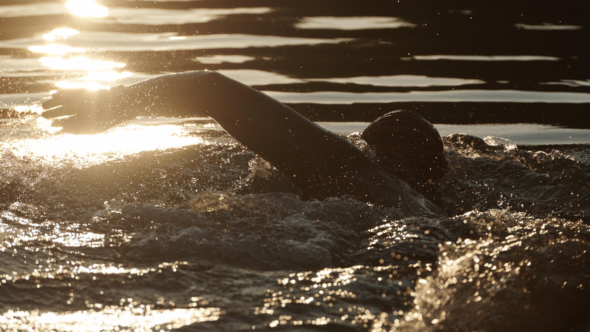 Mann schwimmt in der tiefstehenden Sonne im Wasser. (Symbolbild)