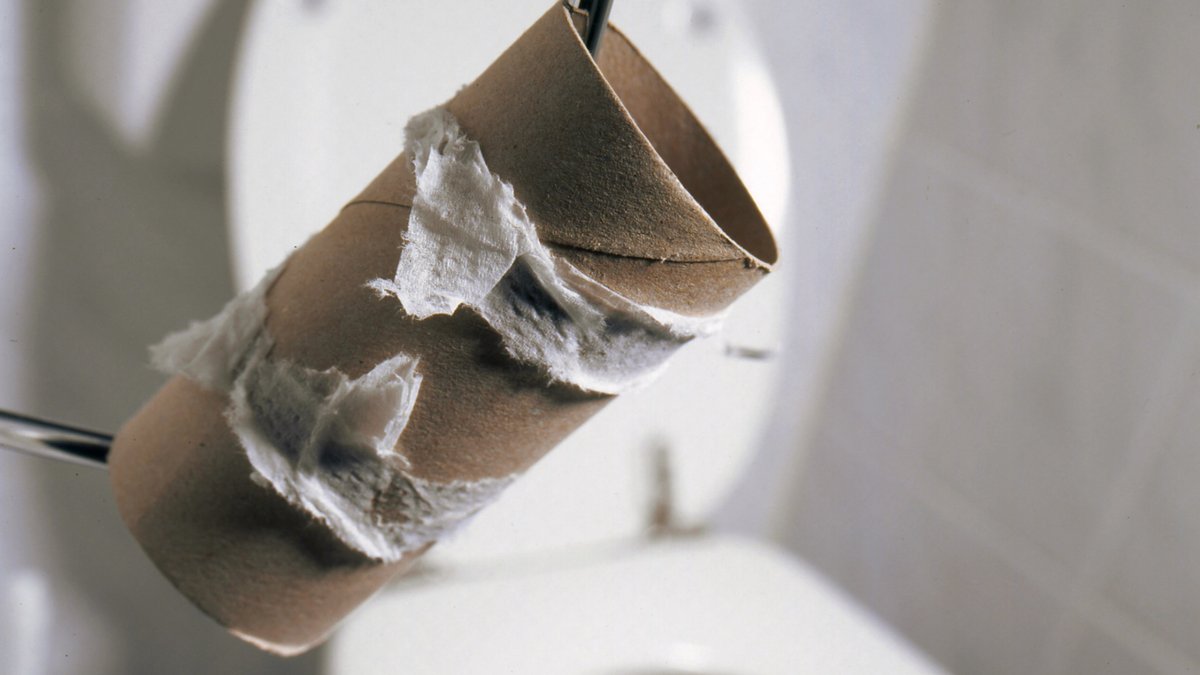 Verbrauchte Toilettenpapier-Rolle neben einer Toilette.