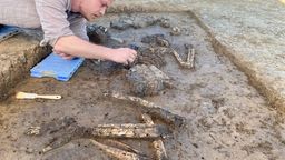 Archäologen haben unweit von Landau das rund 6.800 Jahre alte Skelett eines Mannes aus der Jungsteinzeit entdeckt. | Bild:BR/Harald Mitterer 