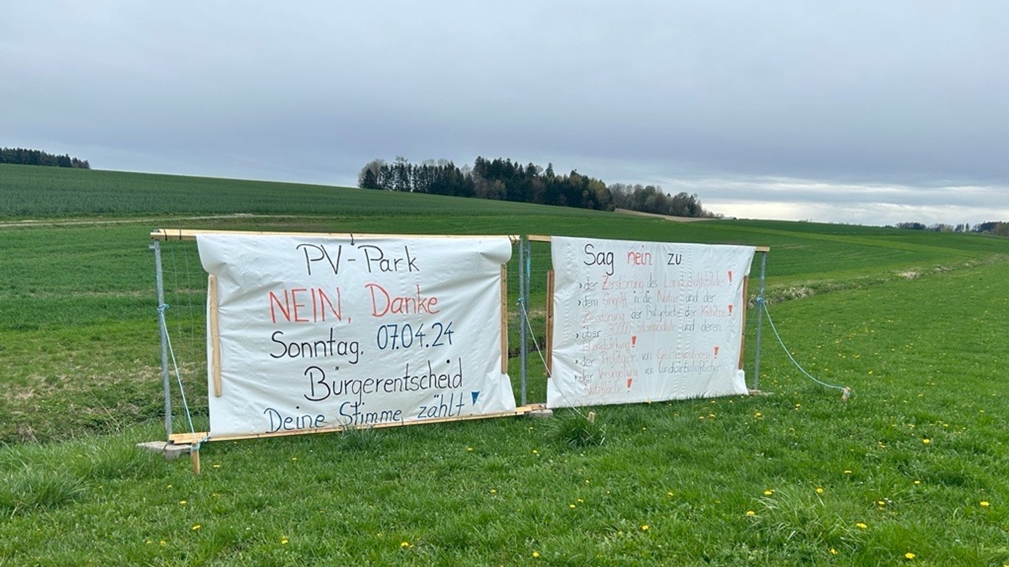 Auf einer Wiese stehen zwei große Plakate, auf denen die Bürger ihre Argumente gegen den Solarpark aufzählen und zur Wahl aufrugen