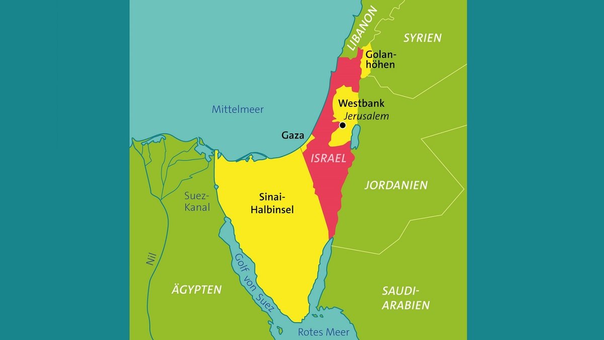 Israel und die seit 1967 besetzten Gebiete: Westbank, Ost-Jerusalem, der Gazastreifen und die syrischen Golanhöhen.