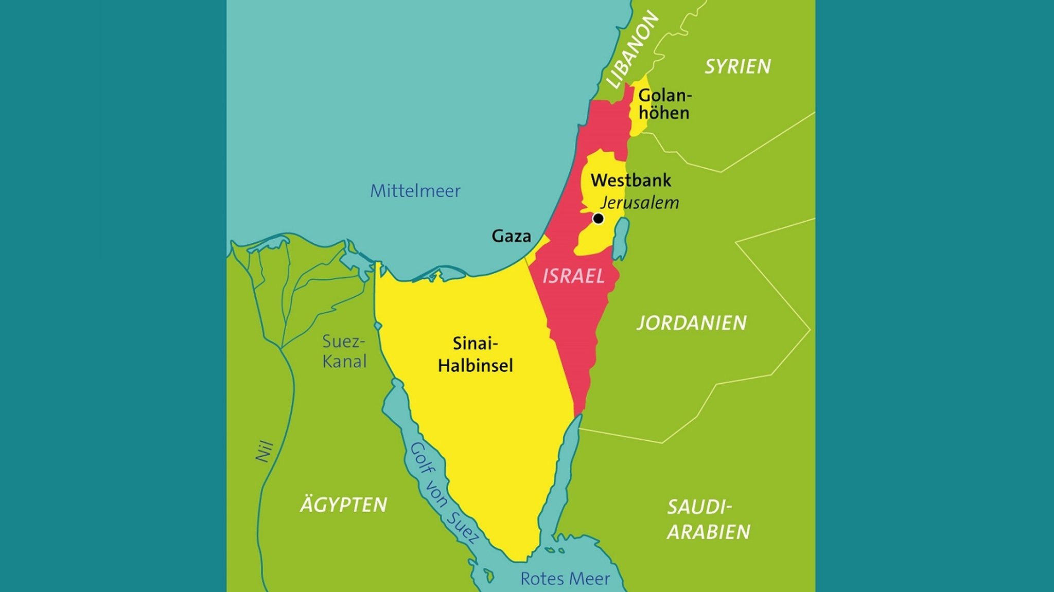 Israel und die seit 1967 besetzten Gebiete: Westbank, Ost-Jerusalem, der Gazastreifen und die syrischen Golanhöhen.