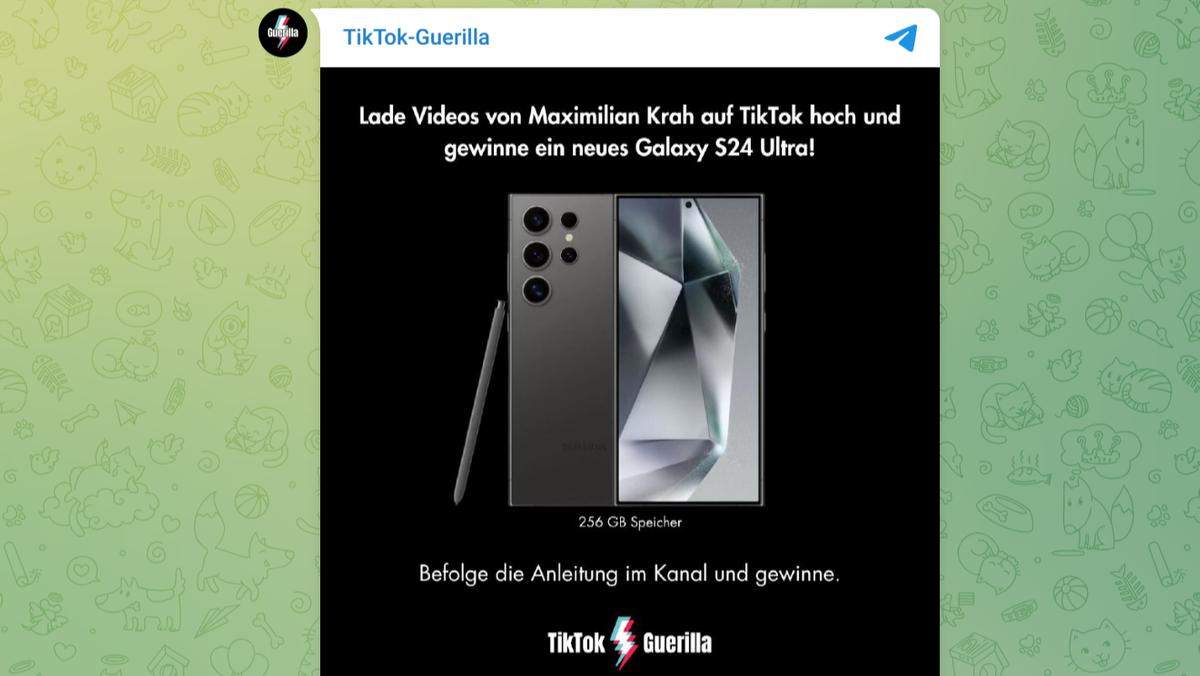 Screenshot vom Telegram-Kanal "TikTok-Guerilla", in dem ein Smartphone als Preis dafür ausgelobt wird, Videos des AfD-Politikers Maximilian Krah auf TikTok hochzuladen