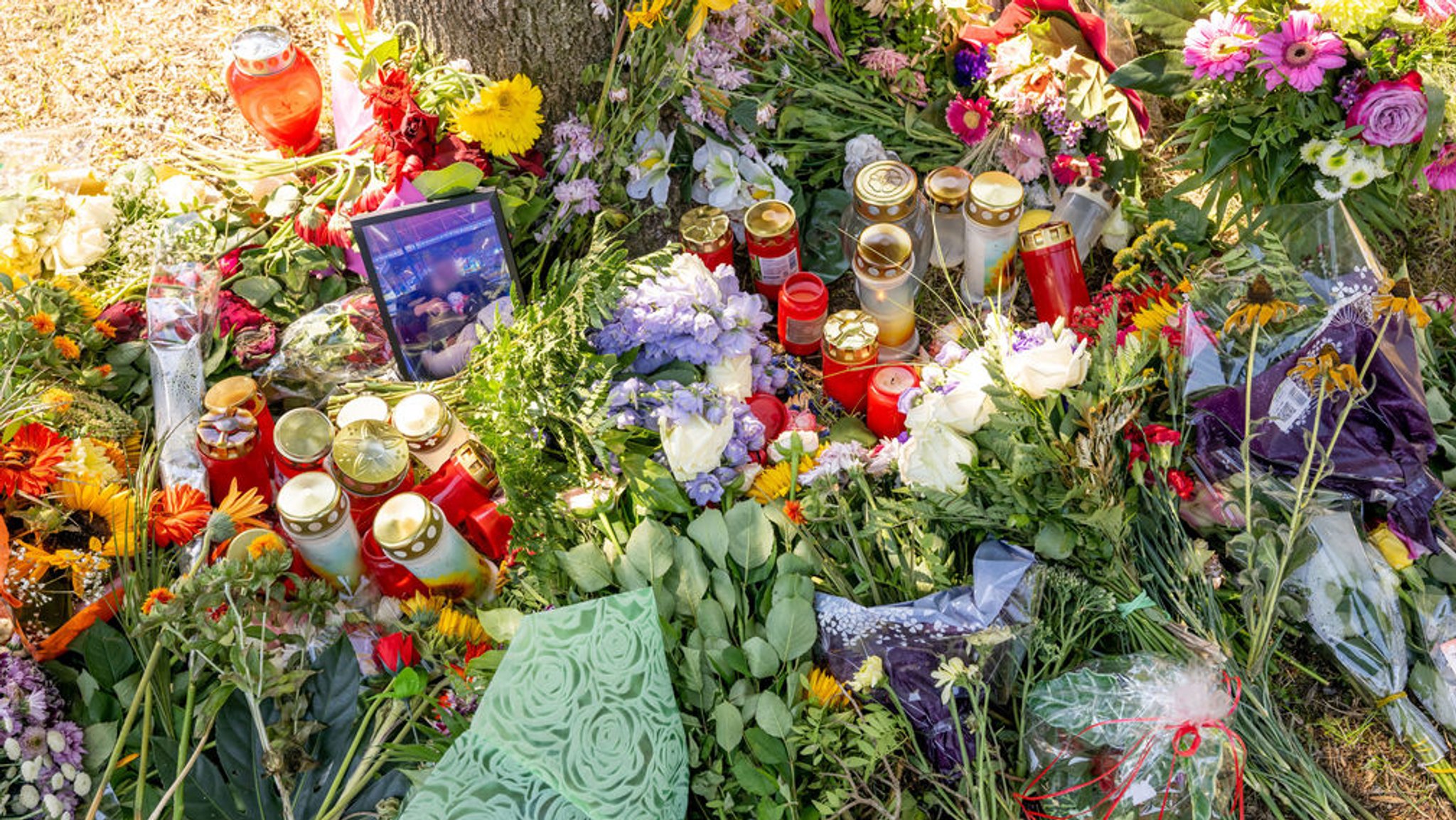 Blumen, Kerzen und Bilder liegen an einem Baum, in dessen Nähe eine weibliche Leiche in einem Auto entdeckt wurde.