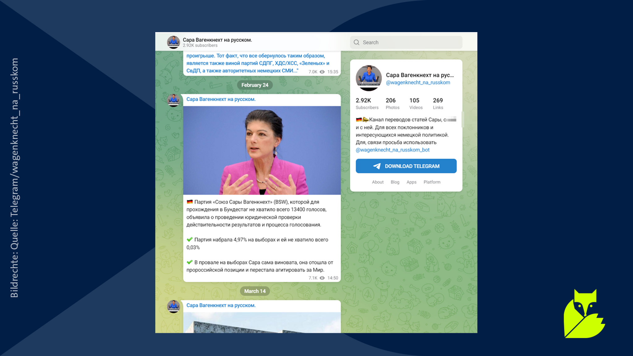 Screenshot eines Beitrags im Telegram-Kanal "Сара Вагенкнехт на русском" (Sahra Wagenknecht auf Russisch).