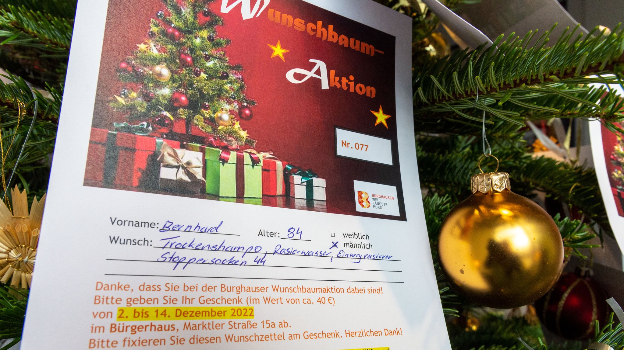 An einem Weihnachtsbaum, direkt neben einer goldenen Christbaumkugel, hängt ein Zettel, auf dem steht: Wunschbaum-Aktion. Vorname: Bernhard. Alter: 84. Männlich. Wunsch: Trockenshampoo, Rasierwasser, Einwegrasierer, Stoppersocken 44. Darunter steht eine Beschreibung, wie die Schenkenden vorgehen sollen.