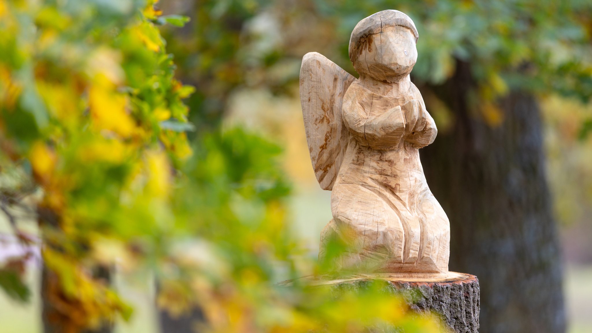 Ein aus einem Stamm geschnitzter Engel auf einem Friedhof. | Bild: picture alliance/dpa | Michael Reichel Ein aus einem Stamm geschnitzter Engel auf einem Friedhof.