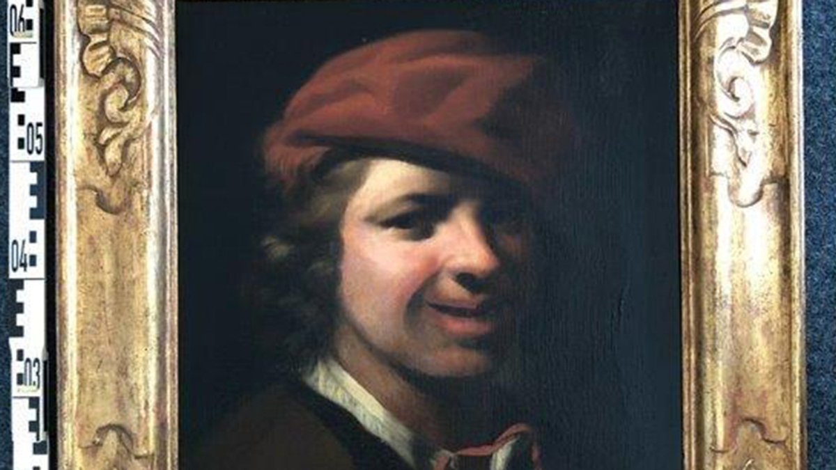 Ölgemälde eines jungen Mannes mit Locken und roter Mütze in einem Goldrahmen.