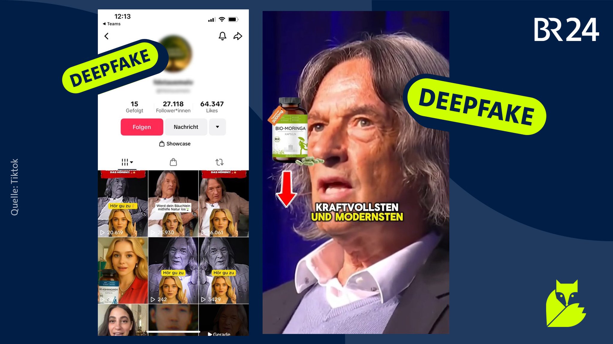Echtes Material aus Interviews mit Hans-Wilhelm Müller-Wohlfahrt wird genutzt, um daraus Deepfakes zu erstellen - und Werbung zu machen. | Bild: TikTok / Montage: BR Echtes Material aus Interviews mit Hans-Wilhelm Müller-Wohlfahrt wird genutzt, um daraus Deepfakes zu erstellen - und Werbung zu machen.