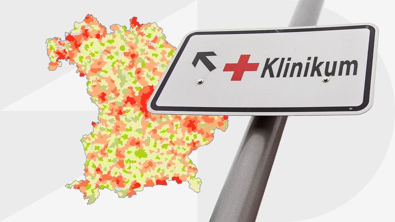 Bayernkarte und ein Schild mit der Aufschrift "Klinikum" | Bild: Grafik: BR; Foto: BR/Leon Baatz Bayernkarte und ein Schild mit der Aufschrift "Klinikum"