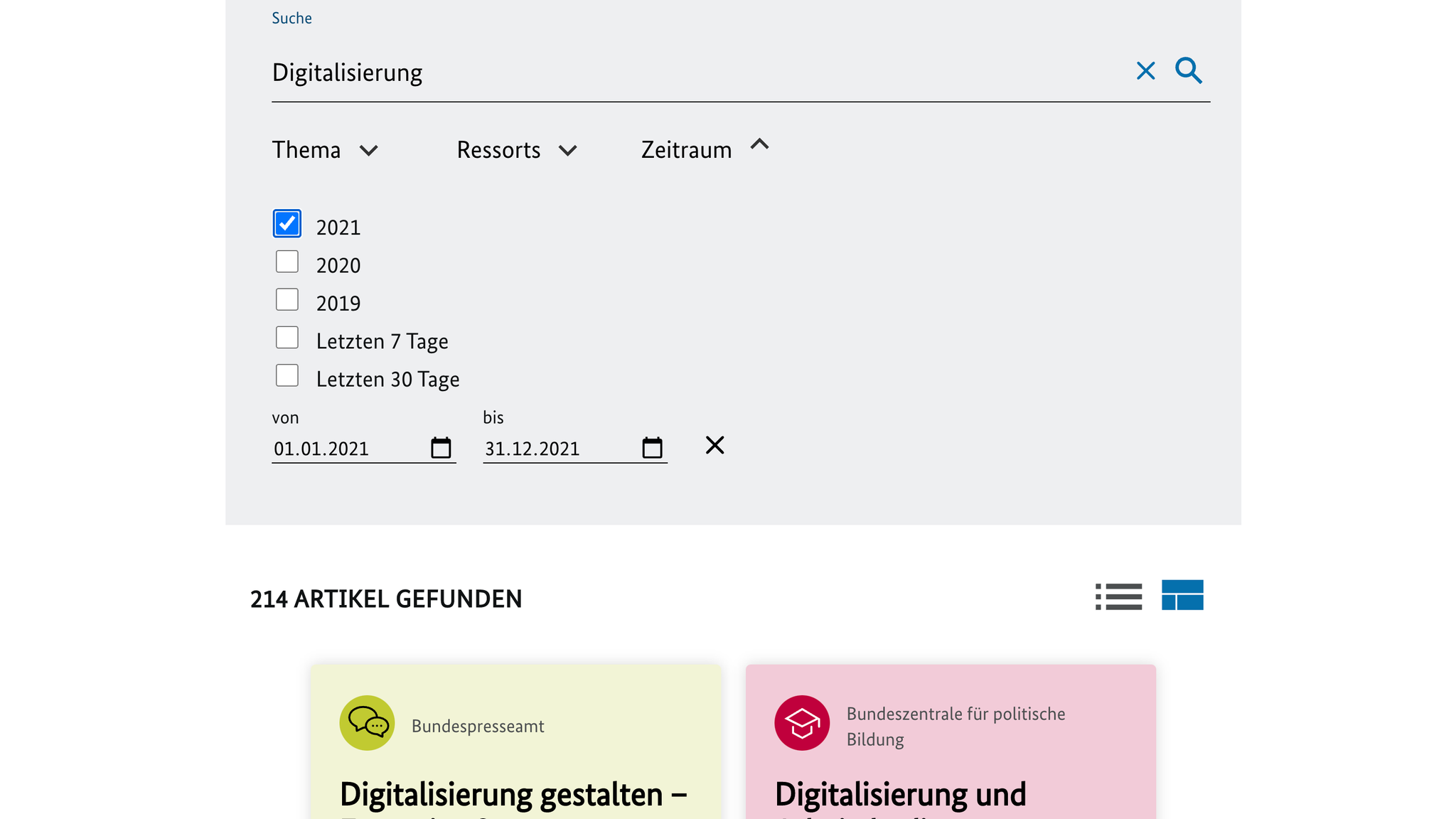 Startseite der neuen ressortübergreifenden Suche der Bundesregierung