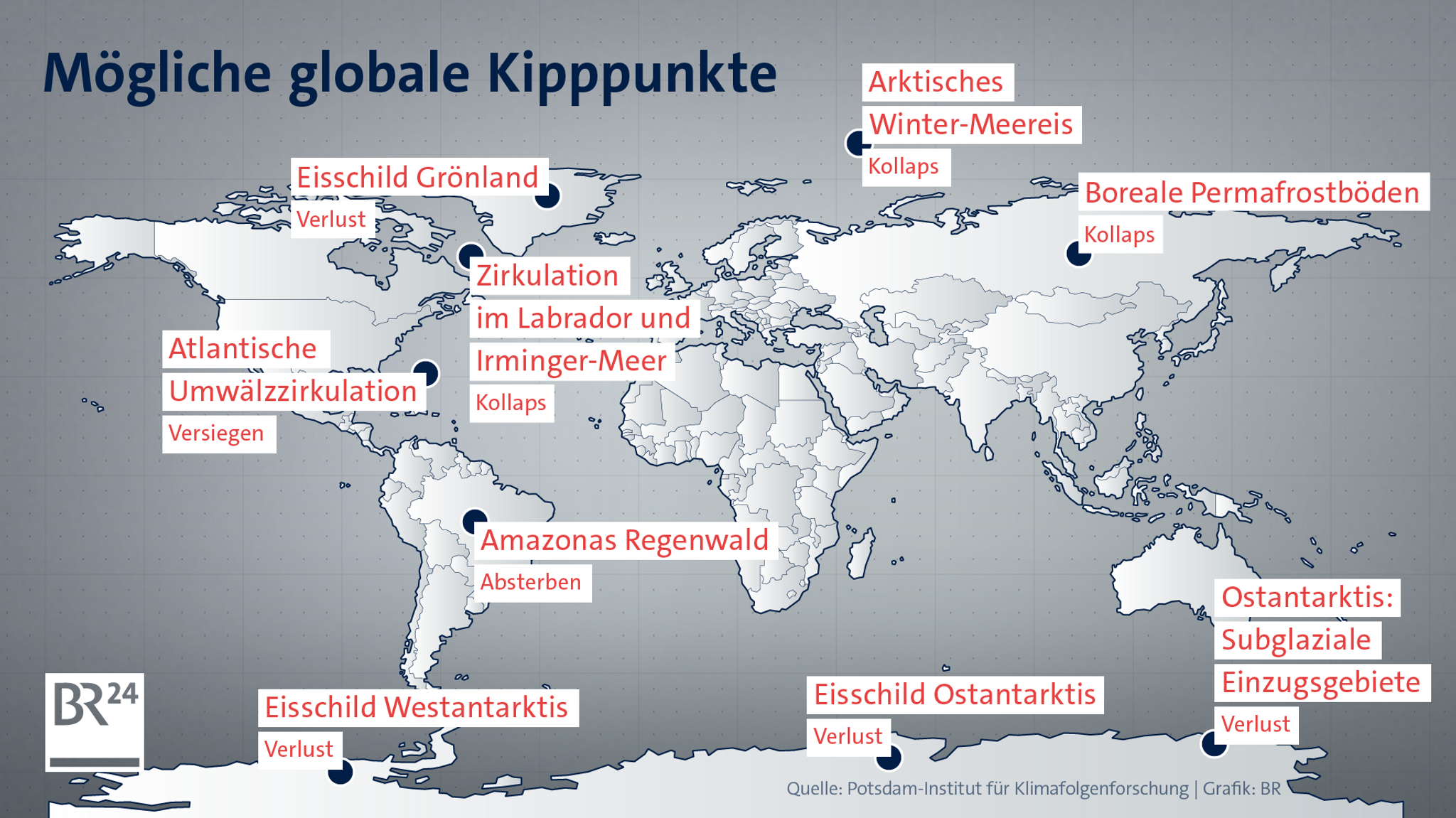 Auf einer Weltkarte sind verschiedene mögliche globale Kipppunkte eingezeichnet, zum Beispiel der Amazonas Regenwald auf dem südamerikanischen Kontinent oder der Eisschild auf Grönland.