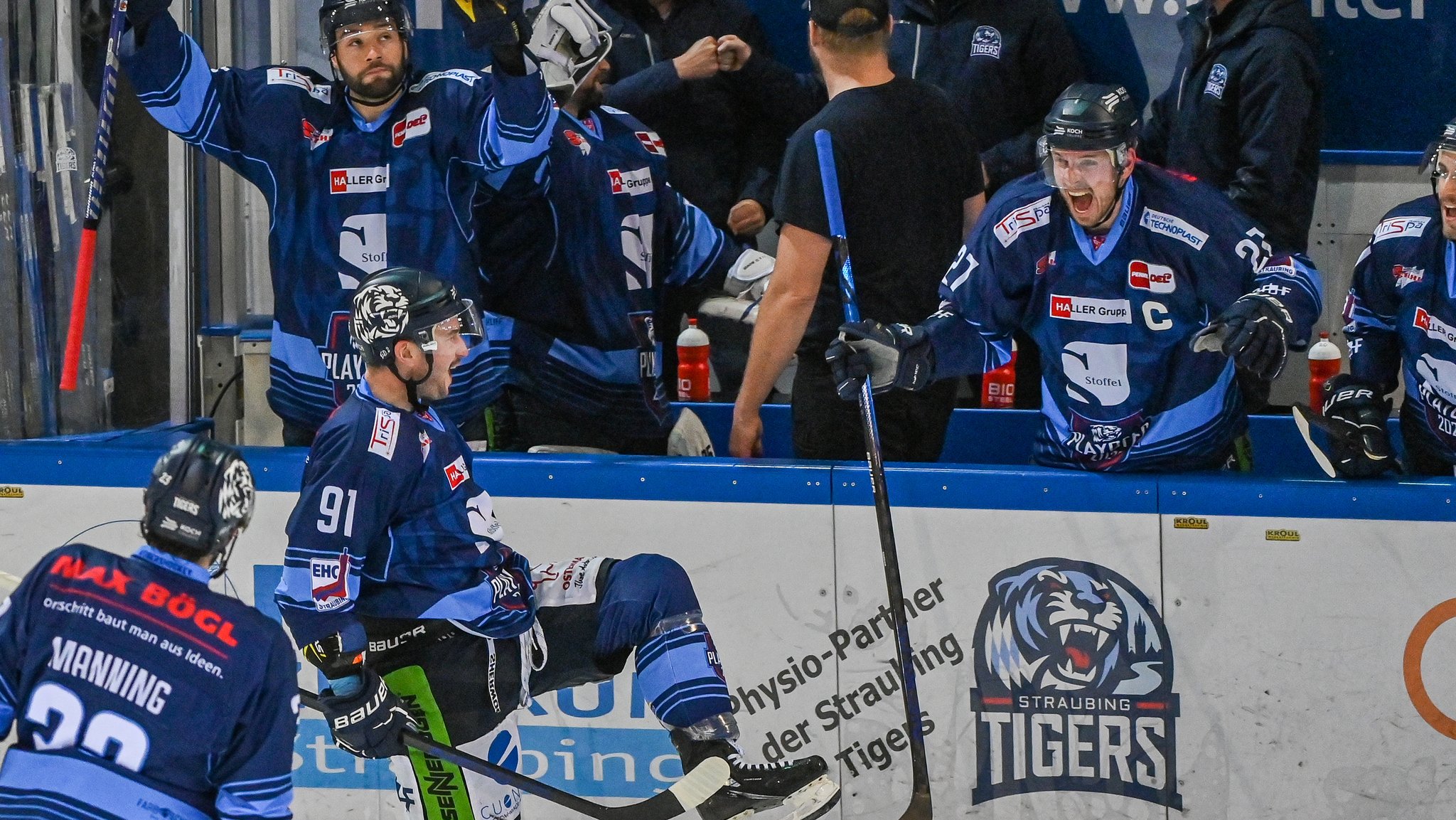 Die Straubing Tigers jubeln an der Bande