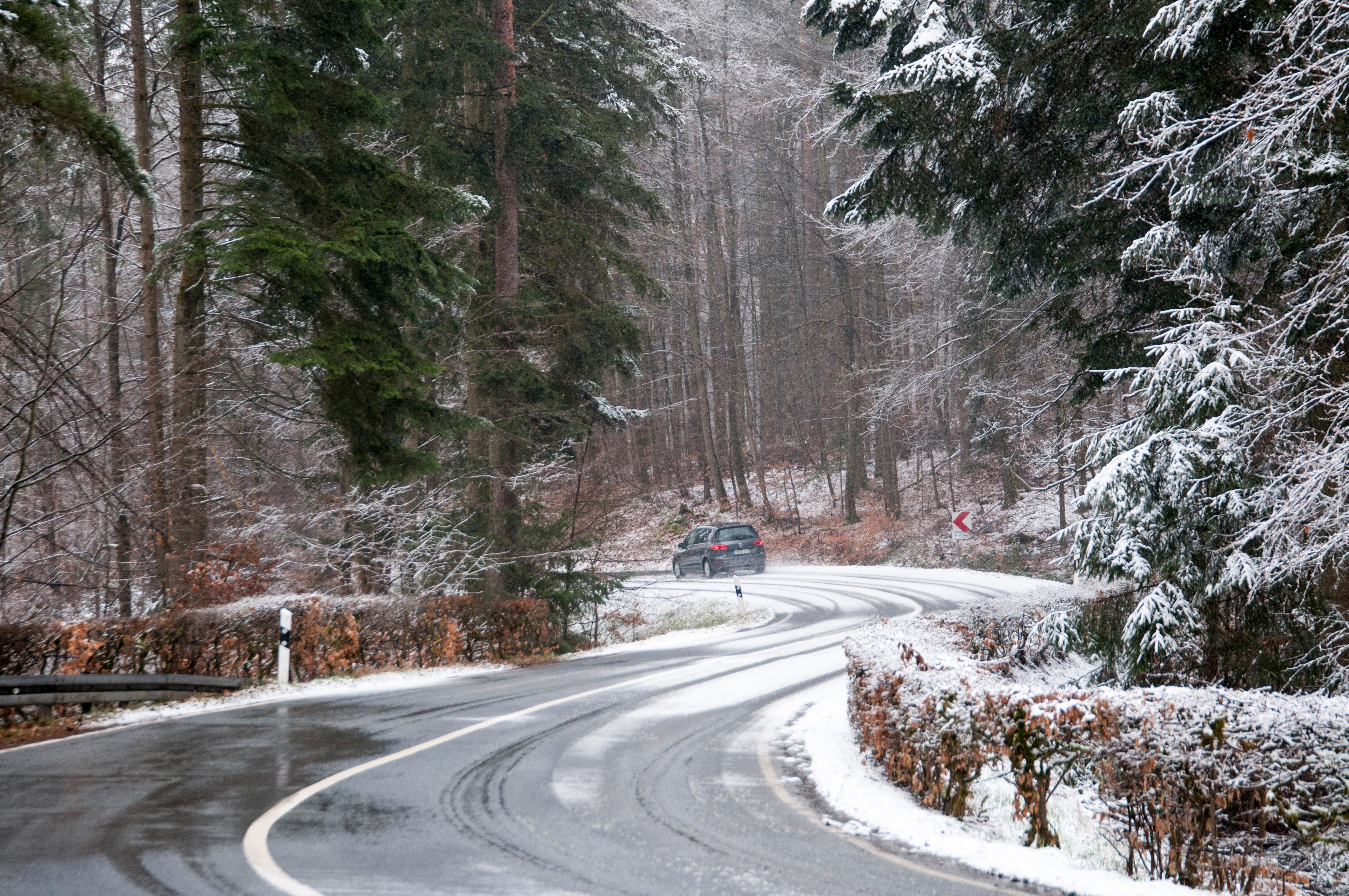 Es schneit, als ein Auto auf der Straße im Wald fährt.