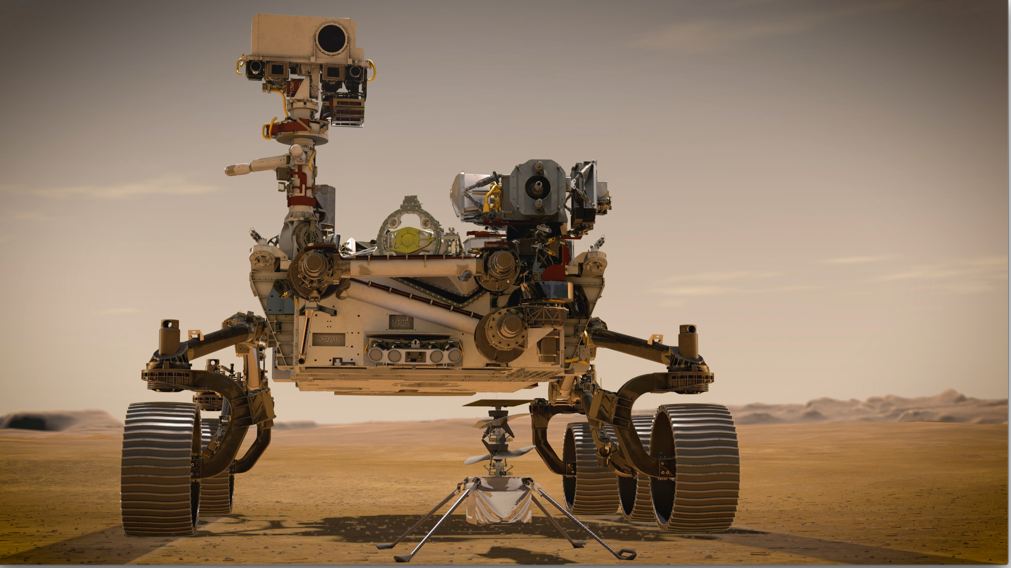 Die künstlerische Darstellung zeigt den Mars Rover Perseverance auf der Marsoberfläche mit seinem kleinen Helikopter davor. 