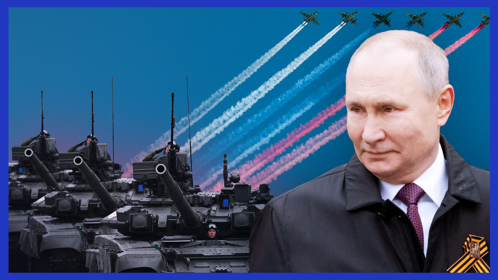 Ein Mann mit Krawatte, es ist der russische Präsident Wladimir Putin, neben ihm Panzer und Jets, die die Farben der russischen Flagge in die Luft malen. Eine Collage.