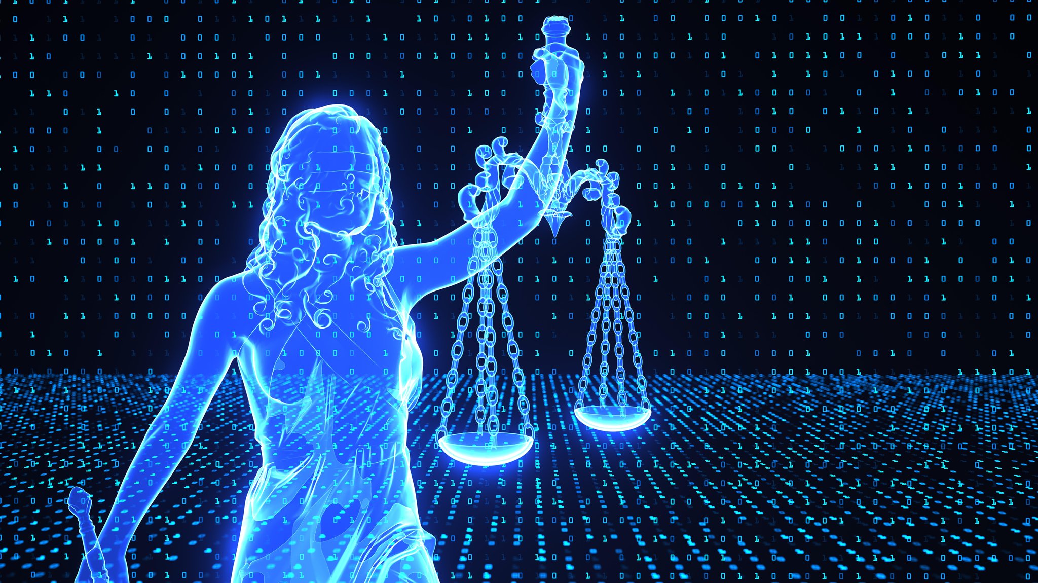 (Symbolbild) Eine transparente 3D-Grafik von Justitia, im Hintergrund binäre Codes auf schwarzem Hintergrund
