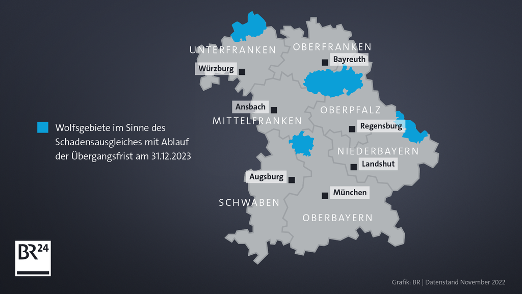 Die Gebiete mit dauerhaften Wolfspopulationen in Bayern