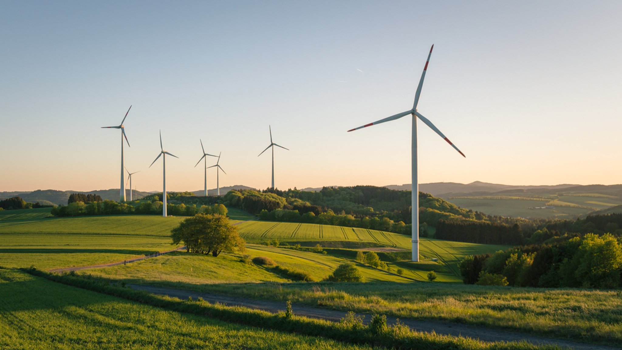 Windkraftanlage in der Abendsonne umgeben von Feldern.