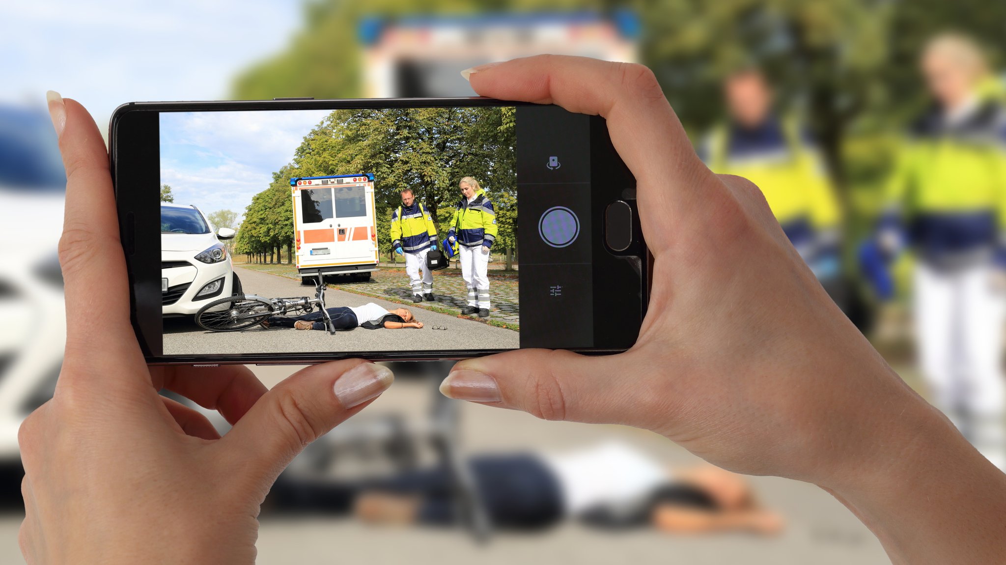 Eine Frau macht ein Handyfoto von einem Fahrradunfall. | Bild: stock.adobe.com/RioPatuca Images Eine Frau macht ein Handyfoto von einem Fahrradunfall.