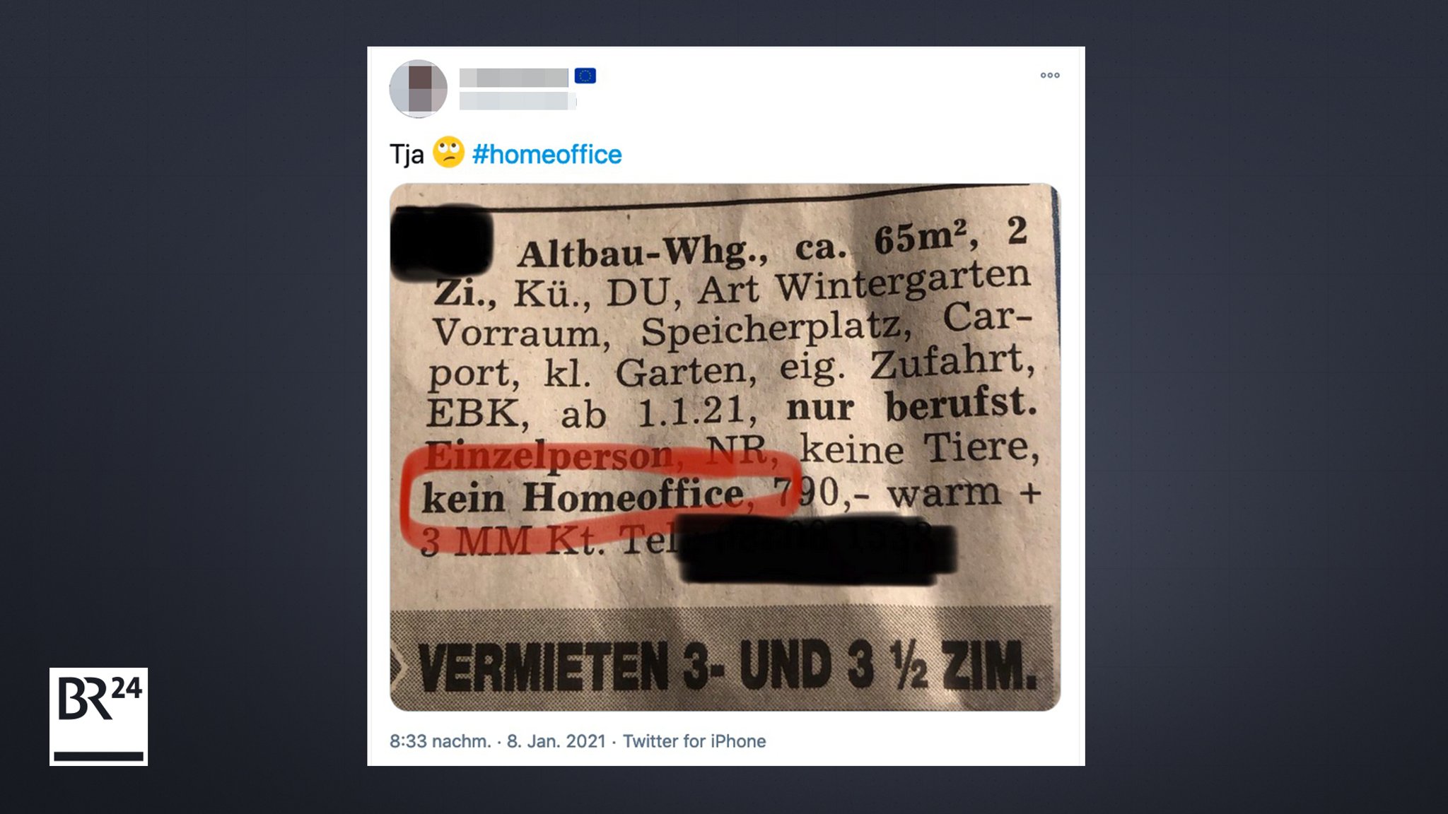 Eine Wohnungsanzeige mit der Anforderung "kein Homeoffice"